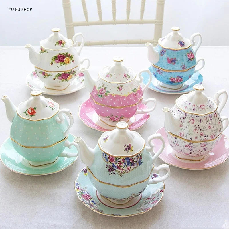 English Ceramic Tea Set Bone China 1 Pot 1 Coffee Cup Flower Teapot Teacup Saucer British Cup Kettle Porcelain Teaware Set Gift