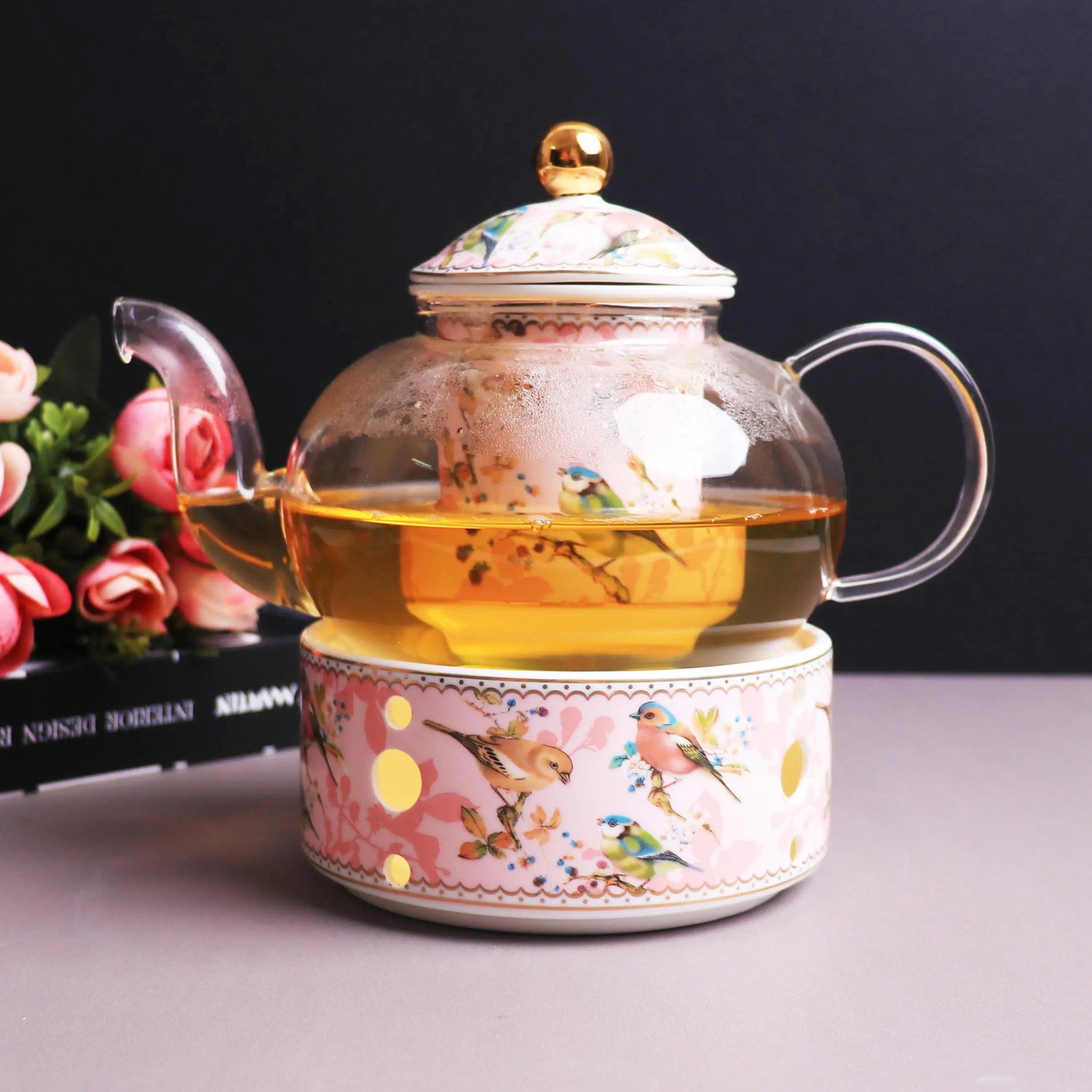 Ins English and European afternoon tea set set candle heating base glass pot filtering fruit flower tea pot