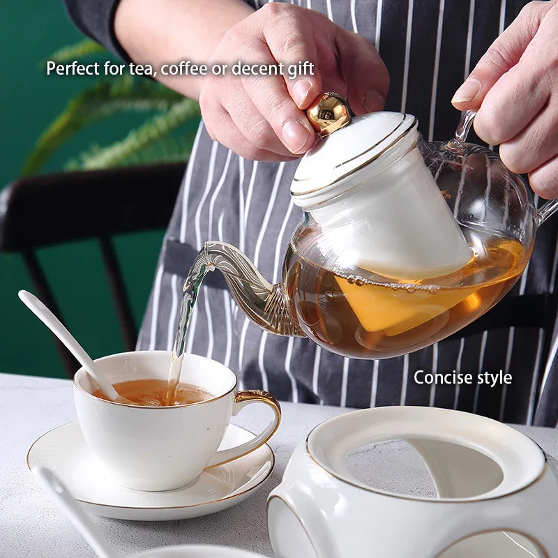 Gold White Ceramic Tea Set British Porcelain Tea Cup Pot with Candler Strainer Floral Glass Teapot Set Ceremony Teaware Teacup