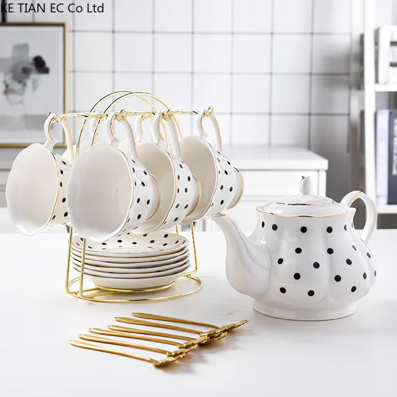 Simple Retro Ceramic Coffee Cup and Saucer Set Black and White Wave Dot Phnom Penh Tea Set Six-piece British Teapot Sugar Bowl