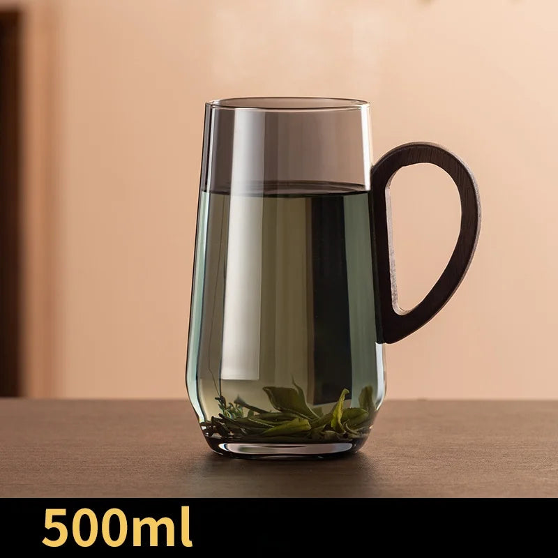 Portable 500ML Wooden Handle Coffee Mug Transparent Glass Cup Household Kitchen Drinkware Flower Tea Cup Coffeeware Teaware