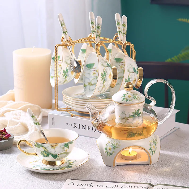 Camellia Bone China Tea Set British Ceramic Tea Cup Pot with Candler Strainer Floral Glass Teapot Set Ceremony Teaware Teacup