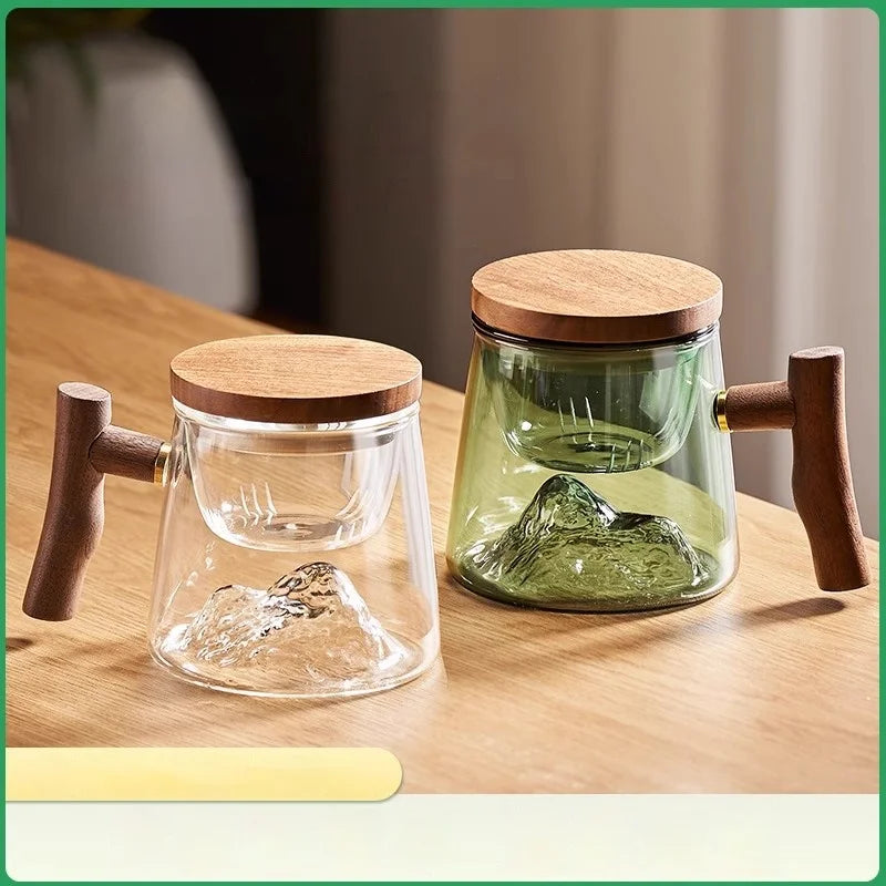 GIANXI 400ml Glass Tea Cup Walnut Anti Scald Handle Thickened Cup Chinese Far Mountain Design High Borosilicate Glass Tea Cup