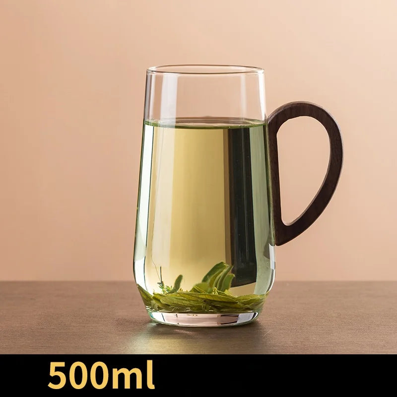 Portable 500ML Wooden Handle Coffee Mug Transparent Glass Cup Household Kitchen Drinkware Flower Tea Cup Coffeeware Teaware